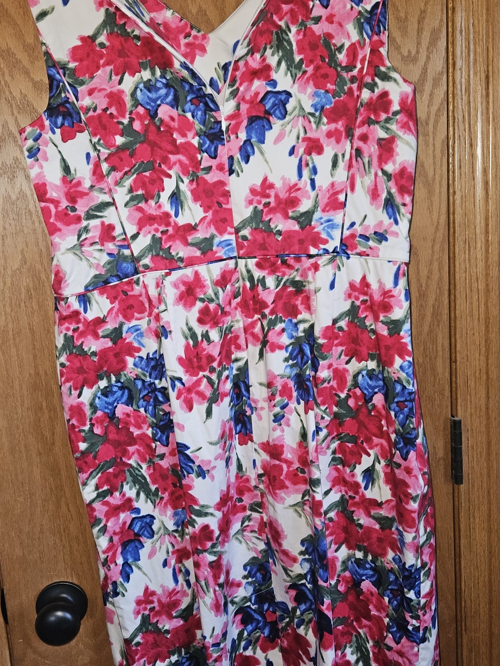 Worn 1x For Photo Talbots White Floral Fit-and-Flare Dress Pink and Blue Blooms